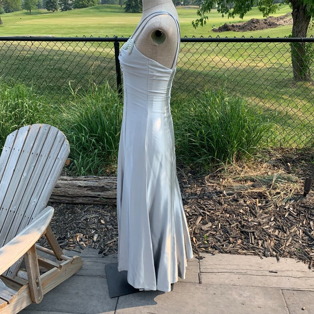 Vintage Silver Satin Maxi Dress with Beaded Bodice Grad Prom dress - Picture 5 of 16